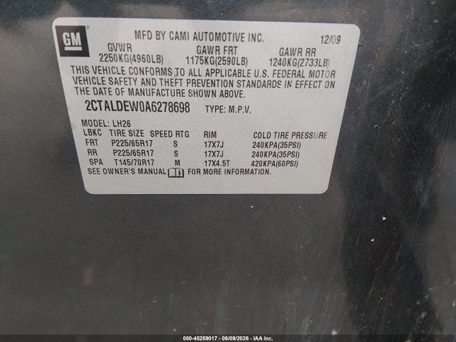 Aukcja sprzedaży 2010 Gmc Terrain Sle-2, vin: 2CTALDEW0A6278698, numer aukcji: 45259017