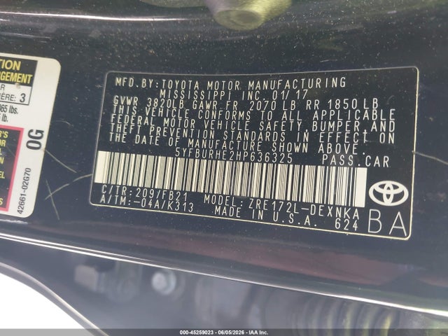 Aukcja sprzedaży 2017 Toyota Corolla Le, vin: 5YFBURHE2HP636325, numer aukcji: 45259023