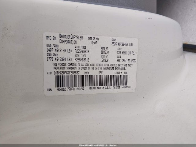45259025 :رقم المزاد ، 1A8HX58P67F585597 vin ، 2007 Chrysler Aspen Limited مزاد بيع