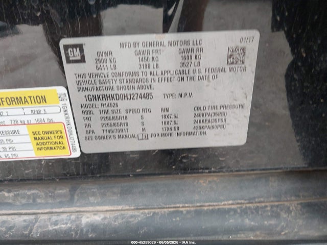 Aukcja sprzedaży 2017 Chevrolet Traverse 2lt, vin: 1GNKRHKD0HJ274485, numer aukcji: 45259029