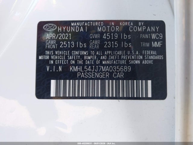 Продаж на аукціоні авто 2021 Hyundai Sonata Limited, vin: KMHL54JJ7MA035689, номер лоту: 45259031
