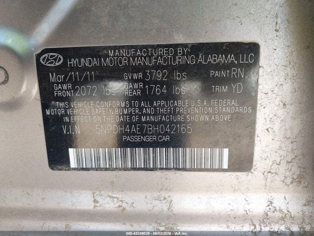 2011 Hyundai Elantra Gls მანქანა იყიდება აუქციონზე, vin: 5NPDH4AE7BH042165, აუქციონის ნომერი: 45259039