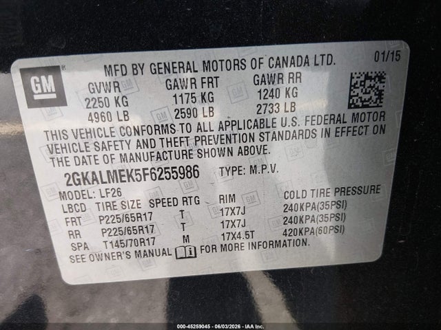 Продажа на аукционе авто 2015 Gmc Terrain Sle-1, vin: 2GKALMEK5F6255986, номер лота: 45259045