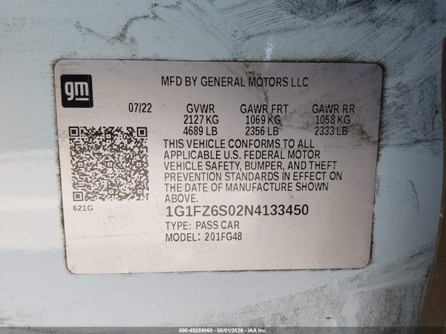 1G1FZ6S02N4133450 Chevrolet Bolt Euv Fwd Premier