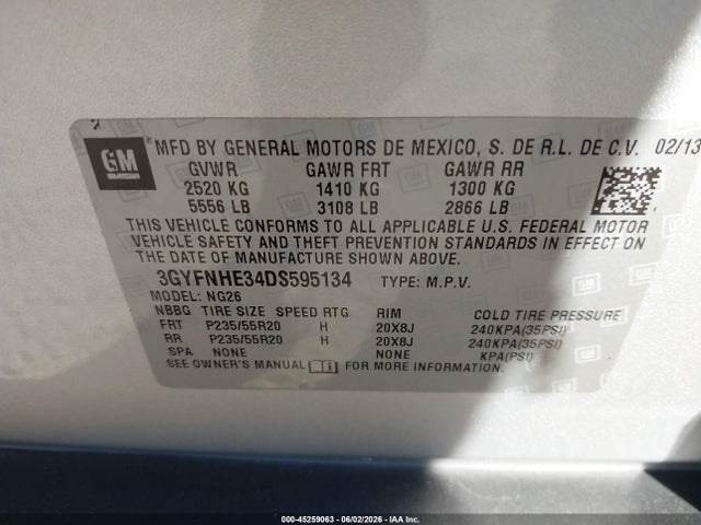 45259063 :رقم المزاد ، 3GYFNHE34DS595134 vin ، 2013 Cadillac Srx Performance Collection مزاد بيع