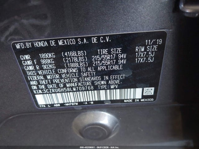 3CZRU6H58LM709768 Honda Hr-v Awd Ex