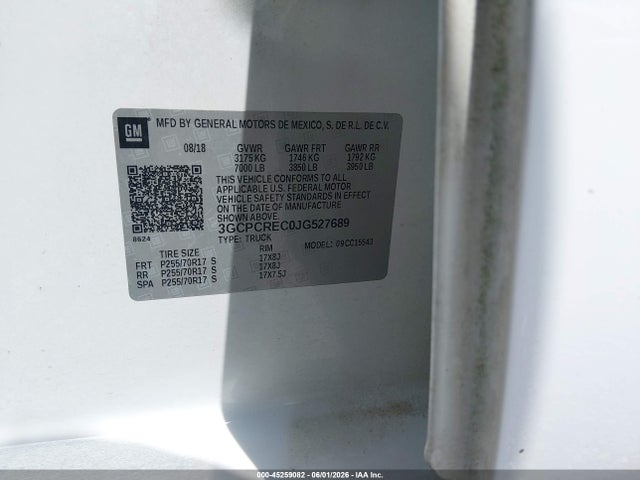 Продаж на аукціоні авто 2018 Chevrolet Silverado 1500 1lt, vin: 3GCPCREC0JG527689, номер лоту: 45259082