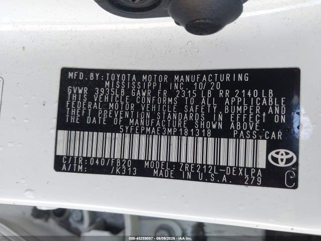 45259087 :رقم المزاد ، 5YFEPMAE3MP181318 vin ، 2021 Toyota Corolla Le مزاد بيع