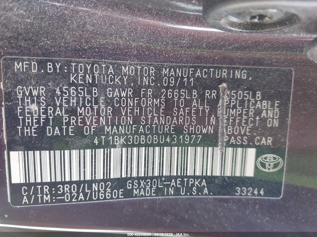 Продаж на аукціоні авто 2011 Toyota Avalon Limited, vin: 4T1BK3DB0BU431977, номер лоту: 45259090