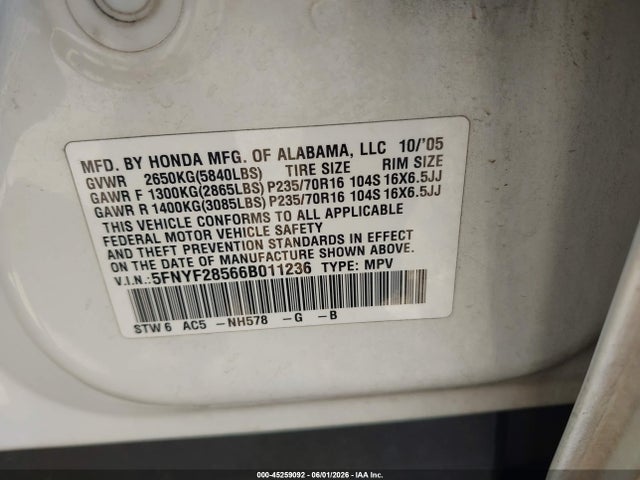 2006 Honda Pilot Ex-l მანქანა იყიდება აუქციონზე, vin: 5FNYF28566B011236, აუქციონის ნომერი: 45259092