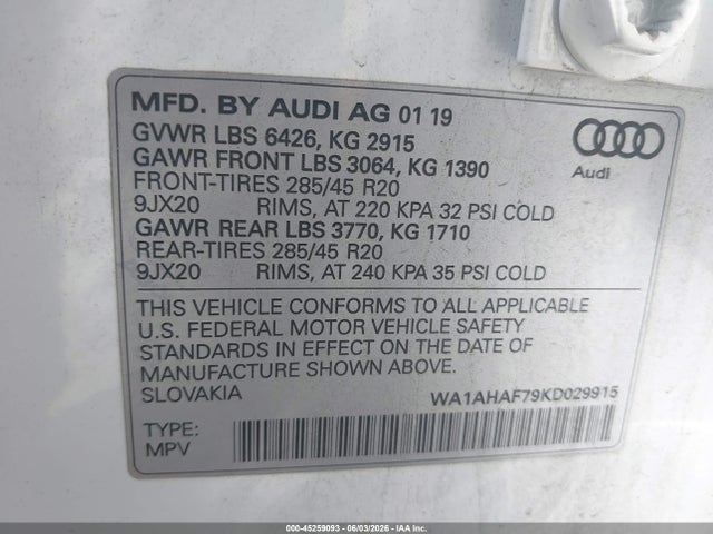 WA1AHAF79KD029915 Audi Q7 45 Premium/45 Se Premium
