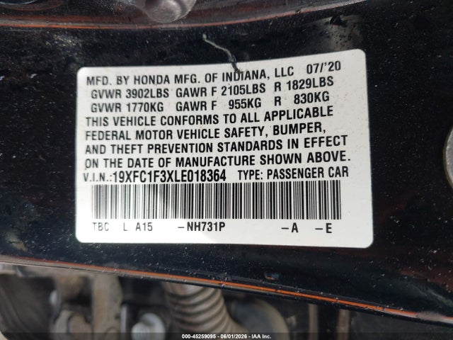 Aukcja sprzedaży 2020 Honda Civic Ex, vin: 19XFC1F3XLE018364, numer aukcji: 45259095