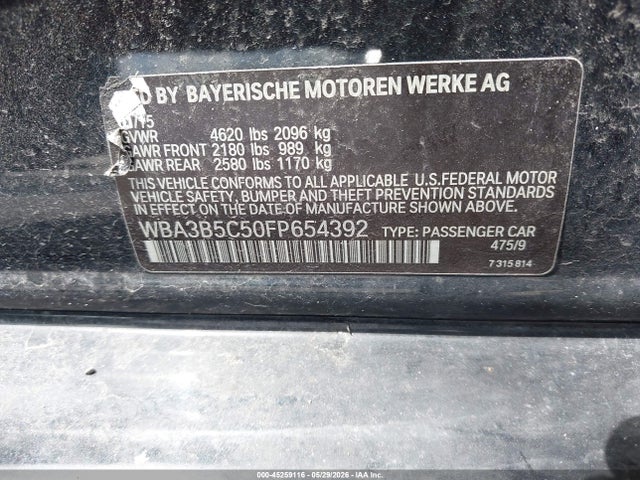 2015 Bmw 328i Xdrive მანქანა იყიდება აუქციონზე, vin: WBA3B5C50FP654392, აუქციონის ნომერი: 45259116