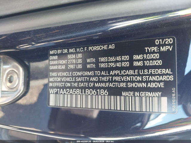 45259138 :رقم المزاد ، WP1AA2A58LLB06186 vin ، 2020 Porsche Macan مزاد بيع