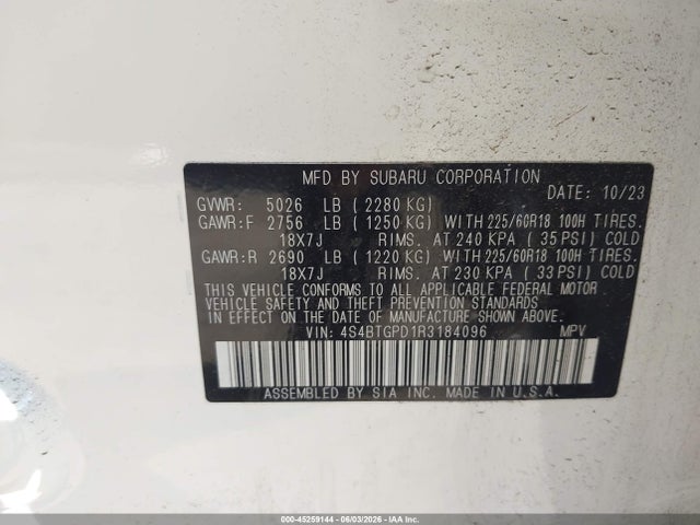 45259144 :رقم المزاد ، 4S4BTGPD1R3184096 vin ، 2024 Subaru Outback Touring Xt مزاد بيع