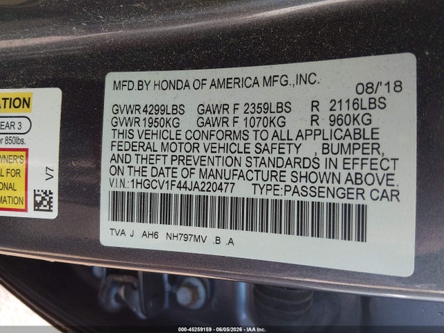 Aukcja sprzedaży 2018 Honda Accord Ex, vin: 1HGCV1F44JA220477, numer aukcji: 45259159