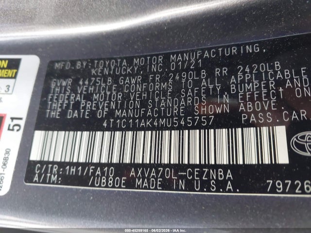 45259165 :رقم المزاد ، 4T1C11AK4MU545757 vin ، 2021 Toyota Camry Le مزاد بيع