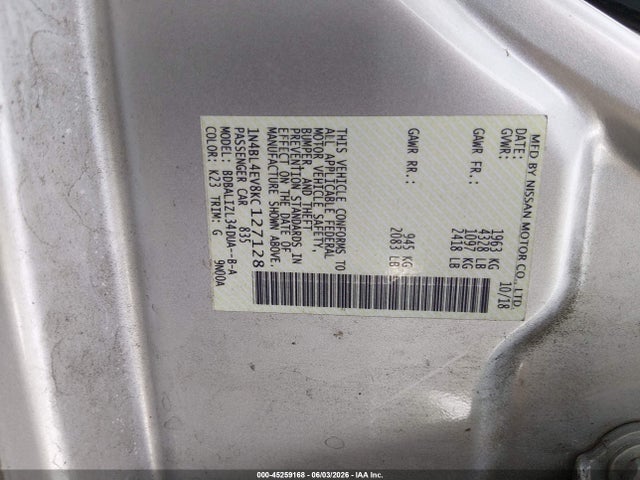 2019 Nissan Altima 2.5 Sl მანქანა იყიდება აუქციონზე, vin: 1N4BL4EV8KC127128, აუქციონის ნომერი: 45259168