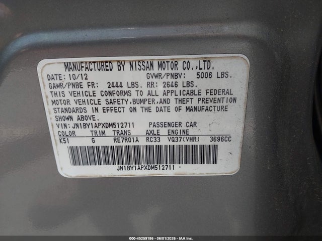 45259186 :رقم المزاد ، JN1BY1APXDM512711 vin ، 2013 Infiniti M37 مزاد بيع