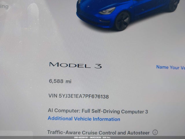 2023 Tesla Model 3 Rear-wheel Drive მანქანა იყიდება აუქციონზე, vin: 5YJ3E1EA7PF676138, აუქციონის ნომერი: 45259191