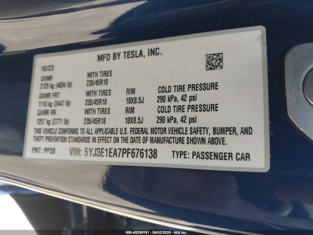2023 Tesla Model 3 Rear-wheel Drive მანქანა იყიდება აუქციონზე, vin: 5YJ3E1EA7PF676138, აუქციონის ნომერი: 45259191