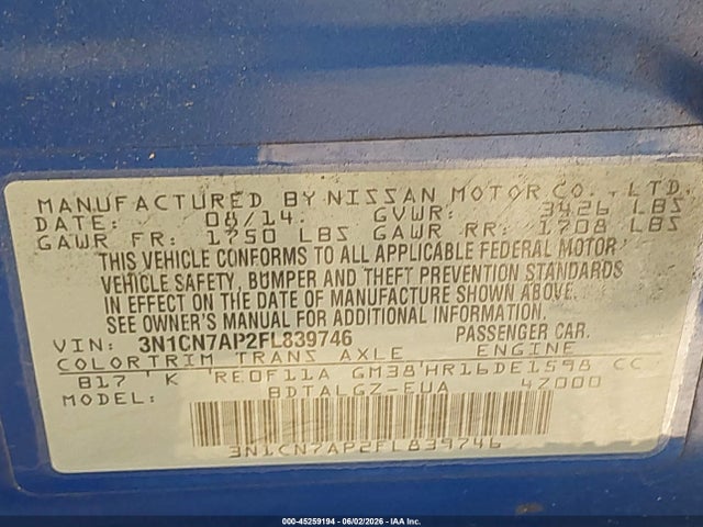 45259194 :رقم المزاد ، 3N1CN7AP2FL839746 vin ، 2015 Nissan Versa 1.6 Sl مزاد بيع