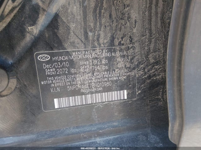 2011 Hyundai Elantra Limited მანქანა იყიდება აუქციონზე, vin: 5NPDH4AE7BH010980, აუქციონის ნომერი: 45259221
