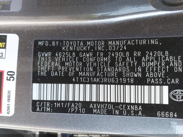 Aukcja sprzedaży 2024 Toyota Camry Hybrid Le, vin: 4T1C31AK3RU631918, numer aukcji: 45259224