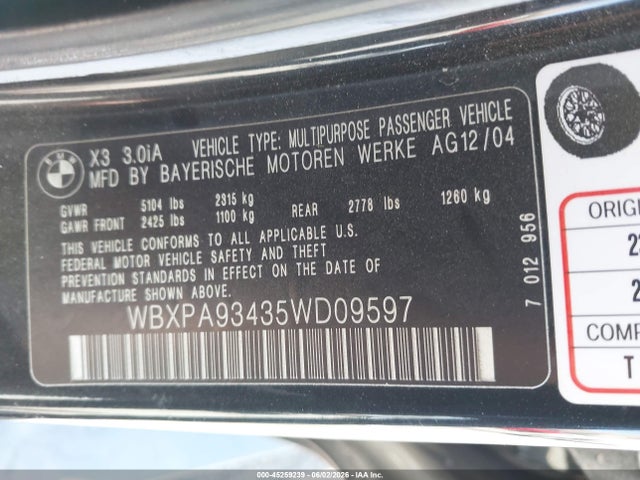 Aukcja sprzedaży 2005 Bmw X3 3.0i, vin: WBXPA93435WD09597, numer aukcji: 45259239
