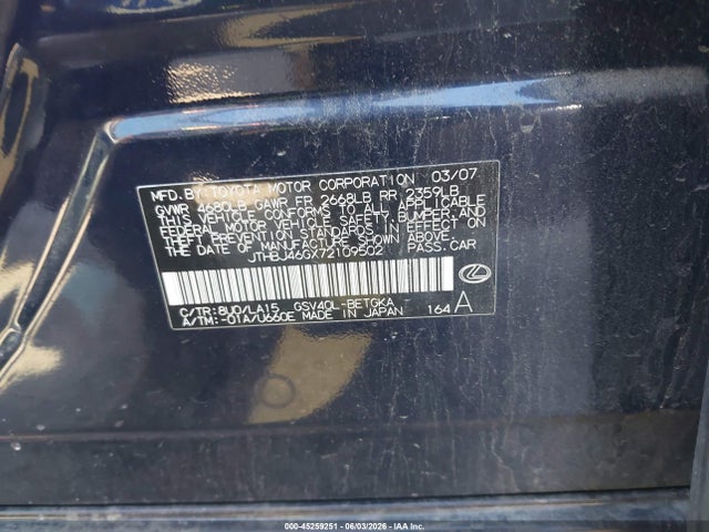 Aukcja sprzedaży 2007 Lexus Es 350, vin: JTHBJ46GX72109502, numer aukcji: 45259251