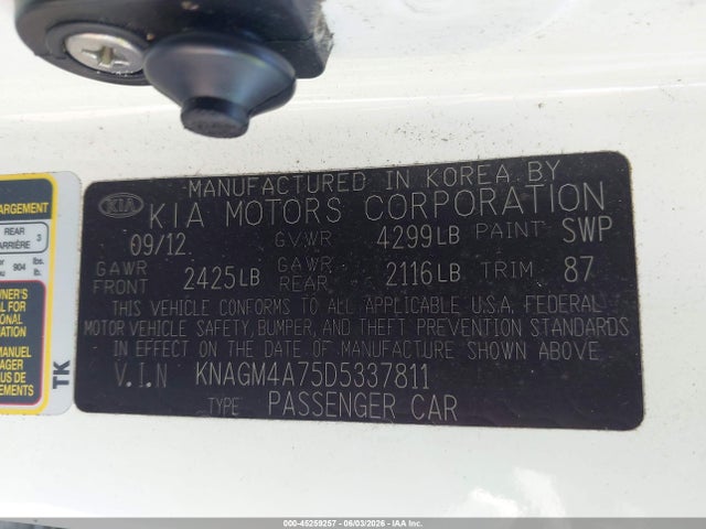 Aukcja sprzedaży 2013 Kia Optima Lx, vin: KNAGM4A75D5337811, numer aukcji: 45259257