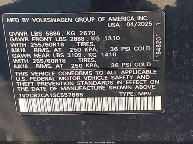 1V2CR2CA1SC557888 Volkswagen Atlas 2.0t Peak Edition