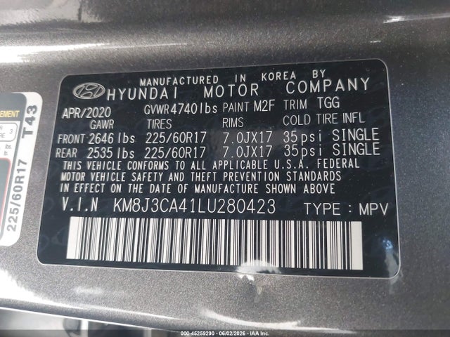 45259290 :رقم المزاد ، KM8J3CA41LU280423 vin ، 2020 Hyundai Tucson Value مزاد بيع