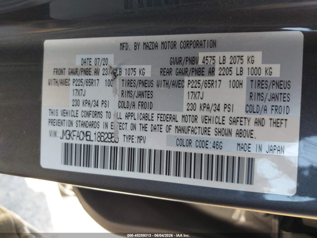 Aukcja sprzedaży 2020 Mazda Cx-5 Touring, vin: JM3KFACM5L1862955, numer aukcji: 45259313