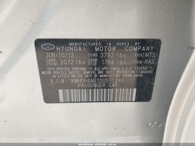 2013 Hyundai Elantra Gls/limited მანქანა იყიდება აუქციონზე, vin: KMHDH4AE1DU571244, აუქციონის ნომერი: 45259340