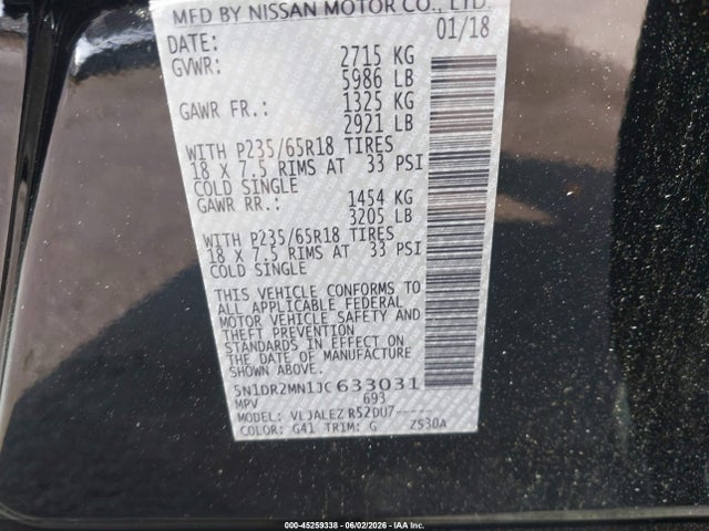 Aukcja sprzedaży 2018 Nissan Pathfinder Sv, vin: 5N1DR2MN1JC633031, numer aukcji: 45259338