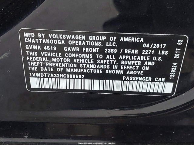 Продажа на аукционе авто 2017 Volkswagen Passat 1.8t R-line, vin: 1VWDT7A32HC068592, номер лота: 45259348
