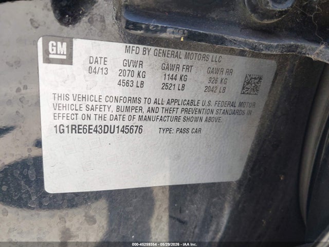 2013 Chevrolet Volt მანქანა იყიდება აუქციონზე, vin: 1G1RE6E43DU145676, აუქციონის ნომერი: 45259354