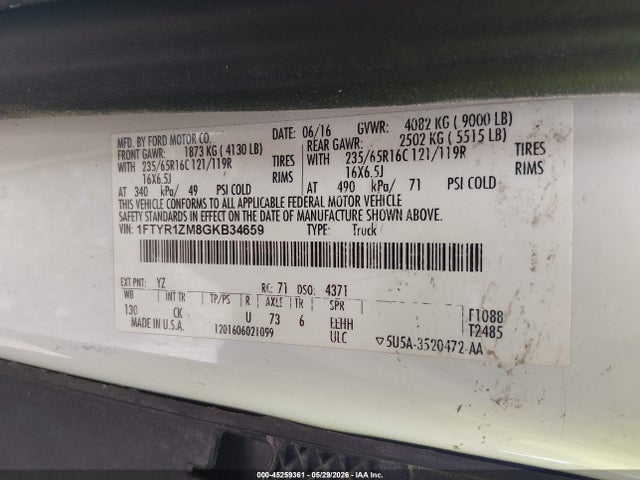 45259361 :رقم المزاد ، 1FTYR1ZM8GKB34659 vin ، 2016 Ford Transit-250 مزاد بيع