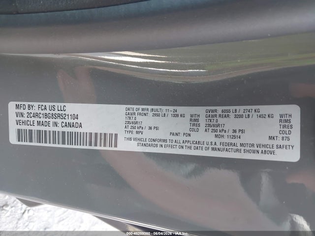 Aukcja sprzedaży 2025 Chrysler Pacifica Select, vin: 2C4RC1BG8SR521104, numer aukcji: 45259380