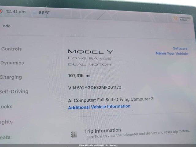45259394 :رقم المزاد ، 5YJYGDEE2MF061173 vin ، 2021 Tesla Model Y Long Range Dual Motor All-wheel Drive مزاد بيع