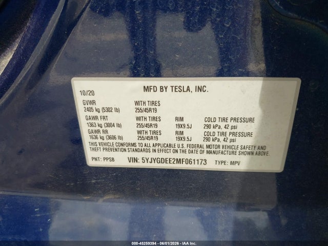 45259394 :رقم المزاد ، 5YJYGDEE2MF061173 vin ، 2021 Tesla Model Y Long Range Dual Motor All-wheel Drive مزاد بيع