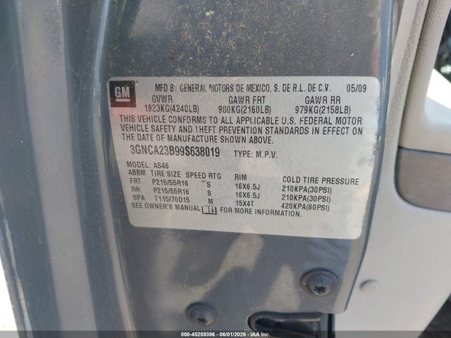2009 Chevrolet Hhr Lt მანქანა იყიდება აუქციონზე, vin: 3GNCA23B99S638019, აუქციონის ნომერი: 45259396
