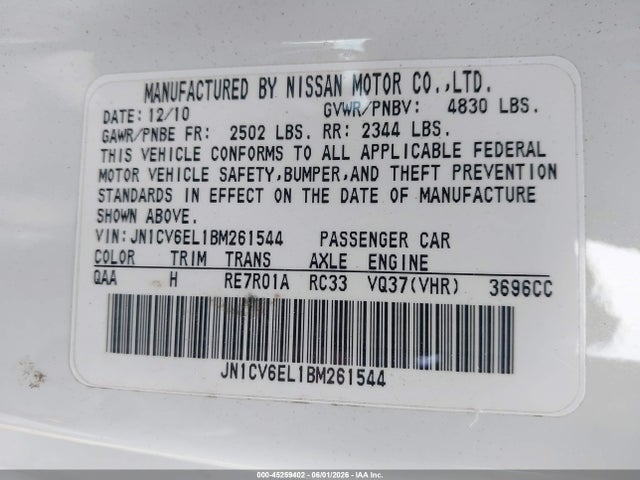 Aukcja sprzedaży 2011 Infiniti G37x, vin: JN1CV6EL1BM261544, numer aukcji: 45259402