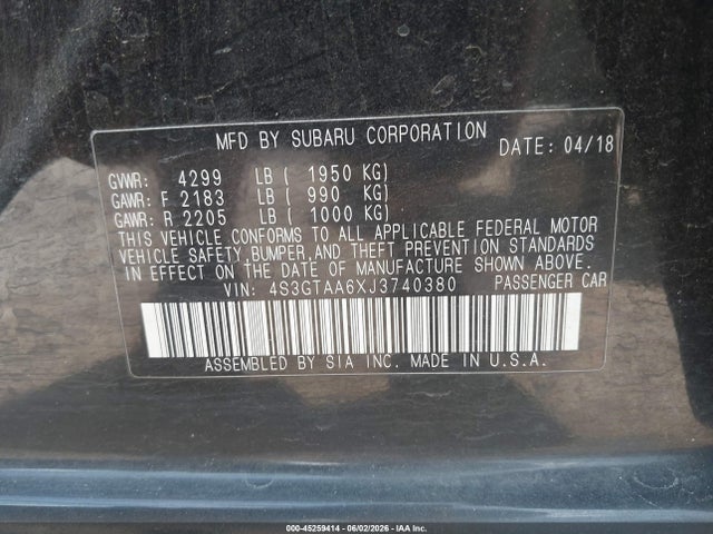 Aukcja sprzedaży 2018 Subaru Impreza 2.0i, vin: 4S3GTAA6XJ3740380, numer aukcji: 45259414