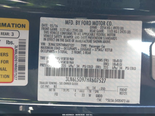 Продаж на аукціоні авто 2017 Lincoln Mkz Select, vin: 3LN6L5D97HR607527, номер лоту: 45259424