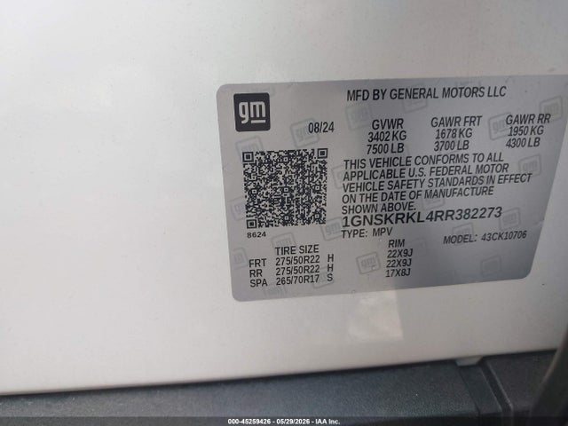 Продаж на аукціоні авто 2024 Chevrolet Tahoe 4wd Rst, vin: 1GNSKRKL4RR382273, номер лоту: 45259426