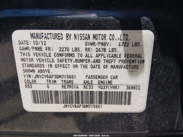 2013 Infiniti G37 Journey მანქანა იყიდება აუქციონზე, vin: JN1CV6AP3DM715661, აუქციონის ნომერი: 45259440