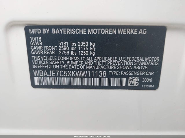 45259441 :رقم المزاد ، WBAJE7C5XKWW11138 vin ، 2019 Bmw 540i Xdrive مزاد بيع