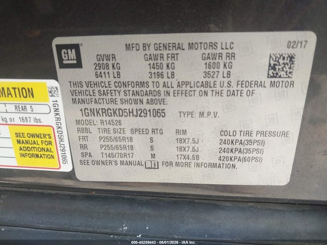 45259443 :رقم المزاد ، 1GNKRGKD5HJ291065 vin ، 2017 Chevrolet Traverse 1lt مزاد بيع